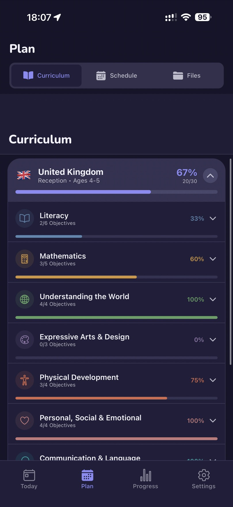 The UK Reception curriculum — 67% complete, tracked subject by subject