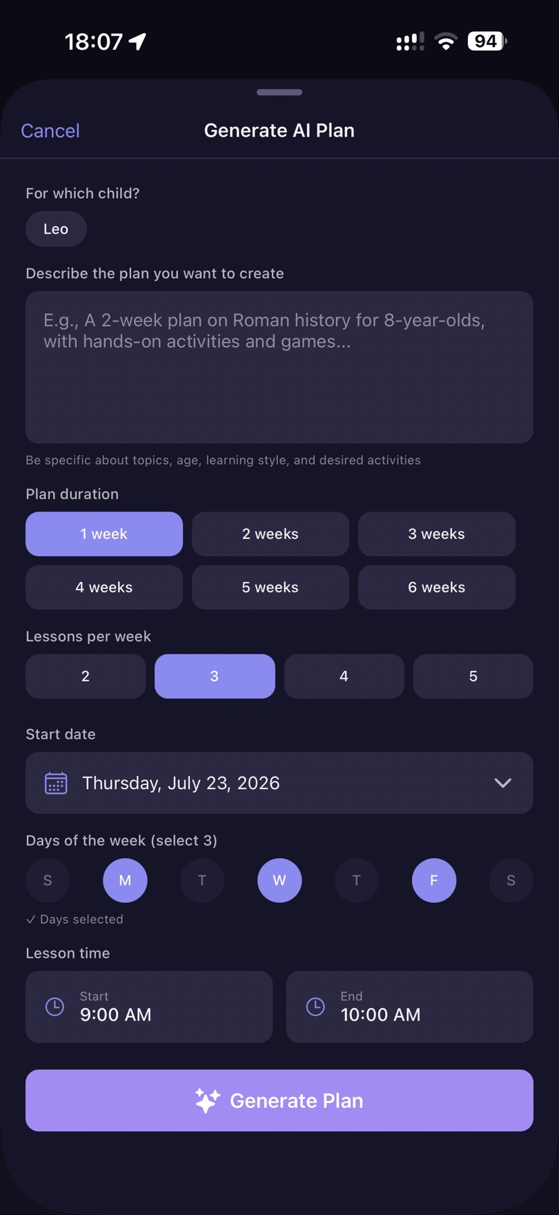Generate an AI plan — describe it, pick 1–6 weeks, lessons per week, days and a lesson time
