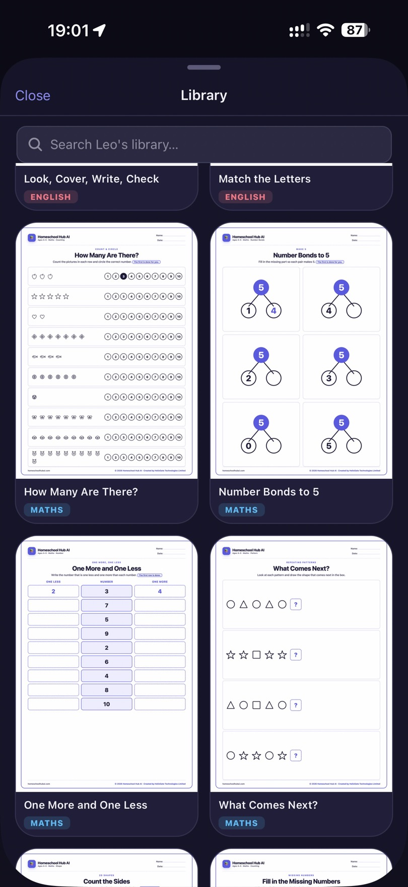Worksheets in the library — phonics and maths sheets, filtered by subject