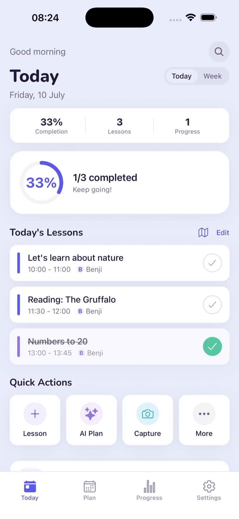 The Today screen — the day's lessons at a glance